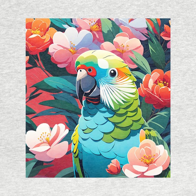 Petal Perch Parakeet, Parakeet in front of vibrant floral background by Sieve's Weave's